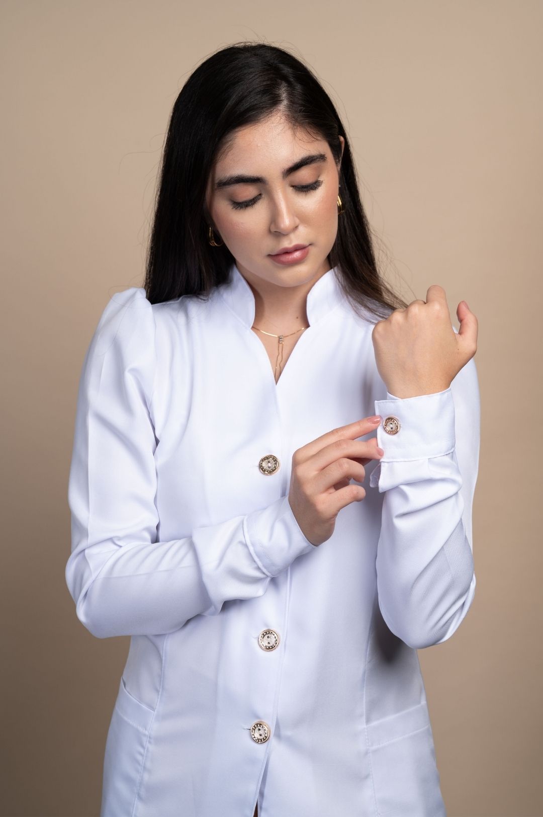 Jaleco Feminino Branco Manga Bufante Branco Acinturado