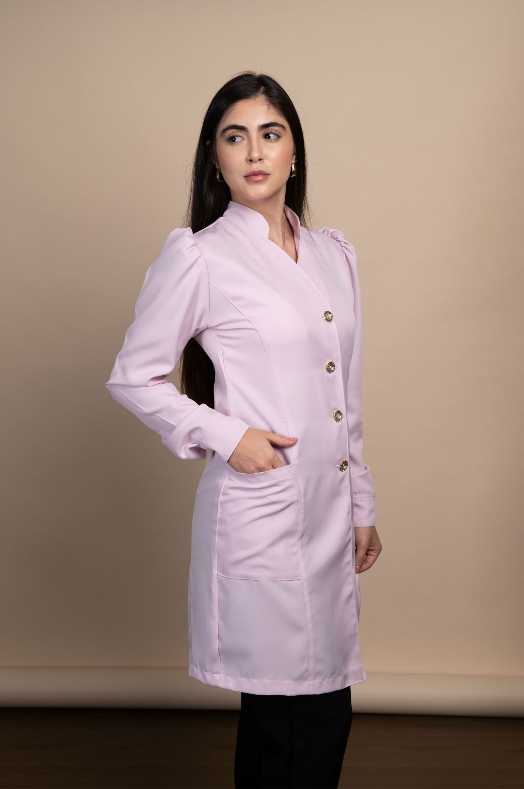 Jaleco Feminino Manga Bufante Rosa Acinturado