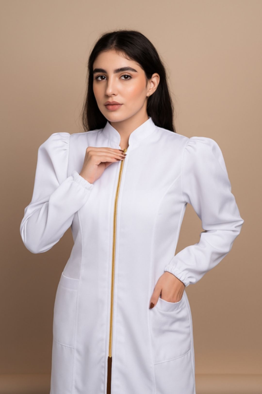 Jaleco Feminino Manga Bufante Branco Zíper Dourado