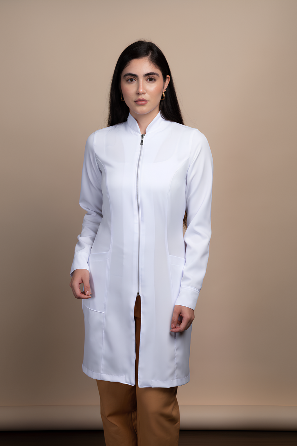 Jaleco Acinturado Feminino Zíper Prata